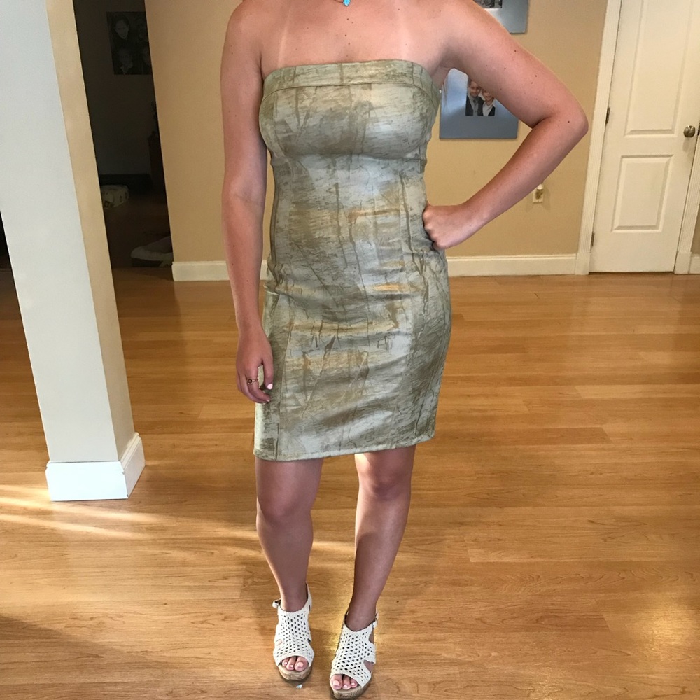 Faux leather strapless dress